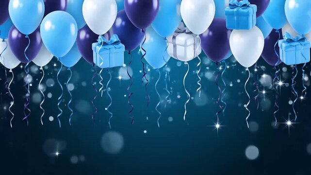 Blue and white balloons float above dark background with gift boxes
