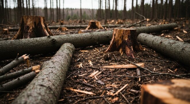 Deforested area with felled trees, scattered debris, and tree stumps in a dark forest