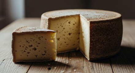 Cheese wheel with slice cut out, sits on a wood table in warm lighting