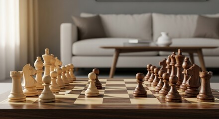 Chessboard in living room with sofa background. Pieces poised for play