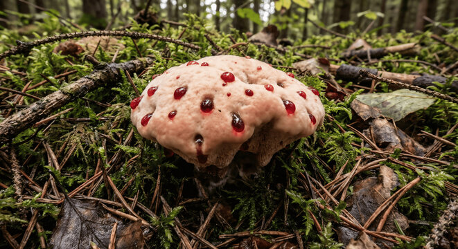 Hydnellum Peckii Mushroom Oozing Red Droplets