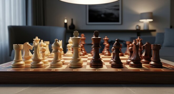 Chessboard set with dark and light pieces, in a warmly lit home setting