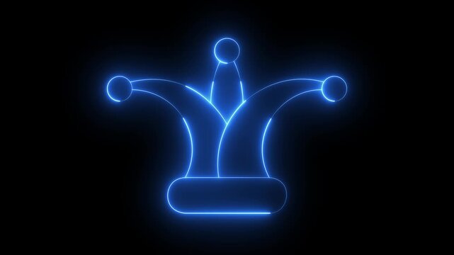 glowing neon Jester joker Hat Icon Animation on Black Background. Neon Clown Hat with Bells. Casino gambling. Colorful Circus Festival, Masks and Party Elements, carnival character with joker hat.