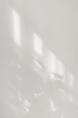 Soft abstract natural sunlight shadows on light white beige plaster wall background, elegant neutral backdrop with empty copy space for feminine business branding design