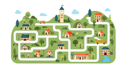 Naklejka premium Colorful town map illustration includes various houses roads trees and buses creating a fun and busy neighborhood scene.