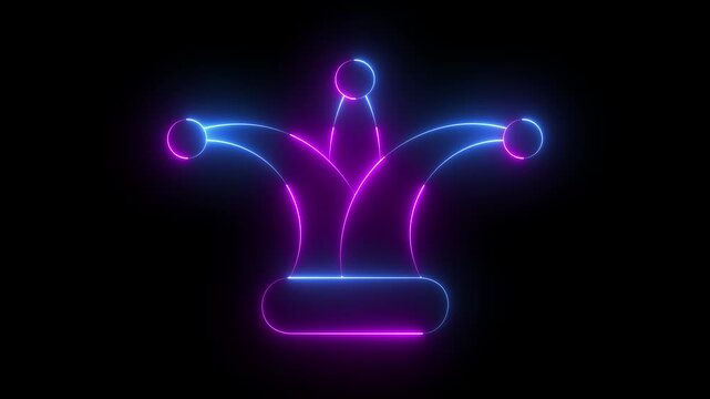 glowing neon Jester joker Hat Icon Animation on Black Background. Neon Clown Hat with Bells. Casino gambling. Colorful Circus Festival, Masks and Party Elements, carnival character with joker hat.