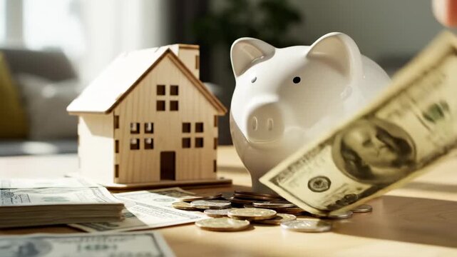 A white ceramic piggy bank is prominently placed on a wooden table, alongside a miniature model house and scattered dollar bills with coins, symbolizing diligent savings for a down payment