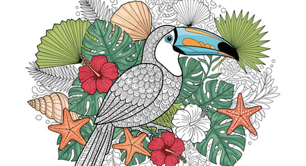 Obraz premium Exotic toucan bird is surrounded by tropical hibiscus flowers palm leaves and starfish in a vibrant circular floral design.