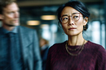Obraz premium Engaged and approachable a woman participates in a group conversation reflecting emotional intelligence and collaborative spirit.