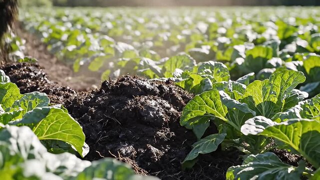Adding organic fertilizer to young cabbage plants in a vibrant green field