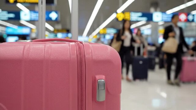 This video captures a vibrant pink suitcase in the foreground, rendered in sharp focus with intricate textural details on its hard shell, zipper, and silver handle mechanism. In the soft-focused backg