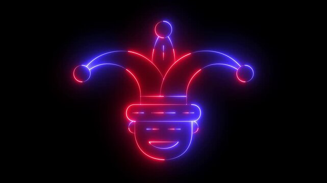 glowing neon Clown Face icon Animation on Black Background. joker emotions face icon. clowns eyes, a round nose, and a wide, curved smile. Colorful Circus Festival, Masks and Party Elements.