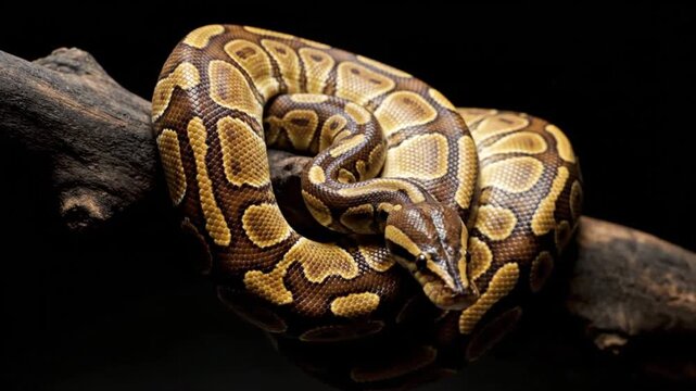A majestic constrictor snake, showcasing its striking pattern of brown, golden, and black scales, is intricately coiled around a textured wooden branch. The reptile's sharp eyes are focused, creating 