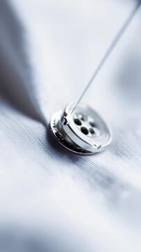 Close-up of a needle and thread meticulously sewing a silver button onto white fabric