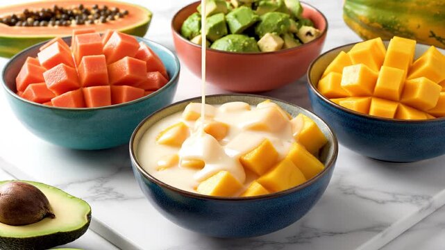 Celebrating Ramadan kareem 2026 with a vibrant fruit salad preparation on a marble countertop featuring papaya, mango, avocado, and yogurt