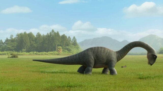 Prehistoric dinosaur in green landscape with mountains