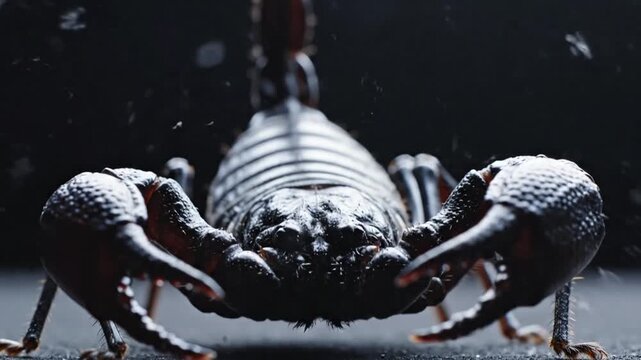 A scorpion's deadly sting captured in a close-up shot, focusing on its venomous tail and pincers in a dark, dramatic environment from a front viewpoint.