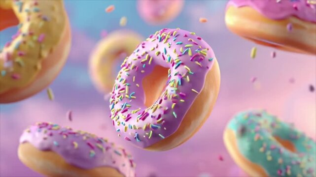 Vibrant donuts suspended in mid-air with colorful sprinkles against a pastel background from a dynamic viewpoint