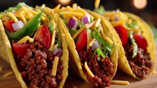 Tacos filled with seasoned ground beef, cheese, and fresh vegetables, displayed on a wooden surface, close-up view.