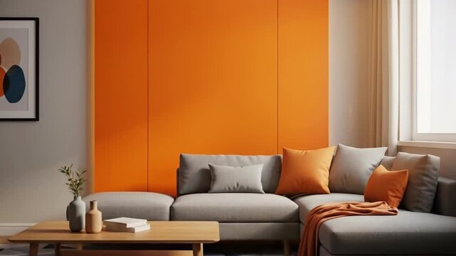 Comfortable gray sofa with orange cushions sits in a modern living room with bright orange wall and geometric rug.
