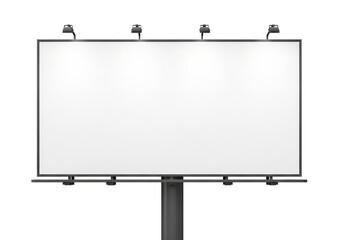 Obraz premium Large Outdoor Advertising Billboard With Blank White Panel Mounted On A Metal Pole With Multiple Spotlights Illuminating The Surface Isolated White Background