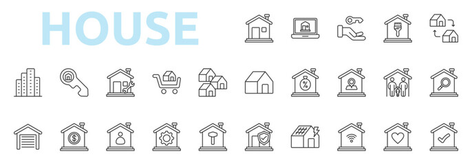 House icon outline style with house, online property, key, renovation, property exchange, building, mortgage icons