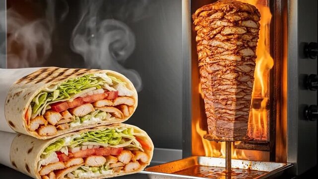 Delicious shawarma wraps are displayed next to a rotating spit of seasoned meat cooking over an open flame in