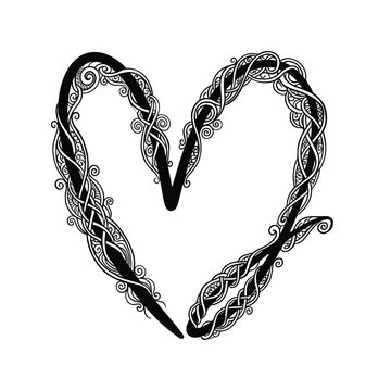 Intricate black heart design formed from swirling interwoven decorative lines