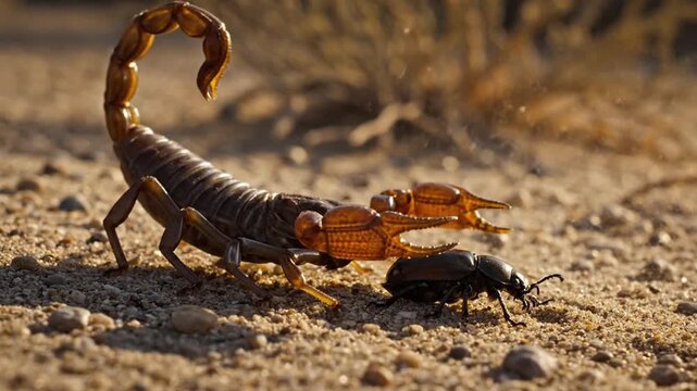 Scorpion prepares to sting unsuspecting beetle on arid desert ground, a moment frozen in time.