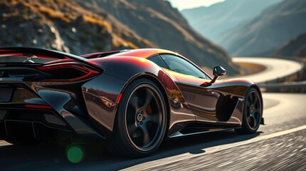 Naklejka premium A fast red luxury sports car drives with high speed on the road, showcasing a sleek new automobile design and stylish wheels