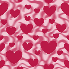Seamless pattern with scattered red hearts on a soft pink wavy background. Playful romantic design with fluid shapes, ideal for Valentine&rsquo;s Day, love-themed prints, wrapping paper, textiles, wallpaper