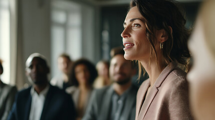 Fototapeta premium Confident businesswoman delivering an engaging presentation to a diverse audience at a professional conference
