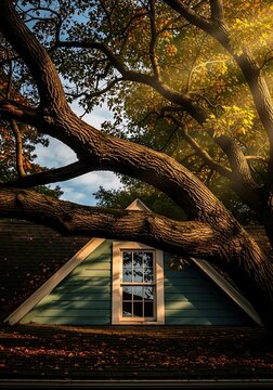 Autumn tree branches over house gable window image