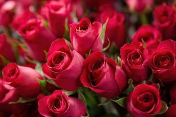 Naklejka premium Many red roses are gathered together, showing only their tops in a close view with no gaps and vibrant color in bright light