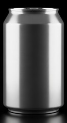 Aluminum beverage can on black background with smooth metallic texture and glossy finish