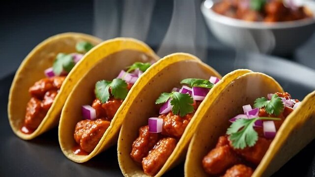 A row of delicious tacos filled with meat, cilantro, and red onions are displayed on a black plate, ready to be served.