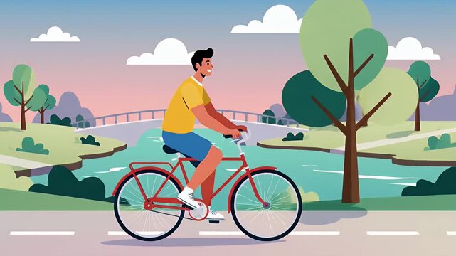 Man riding bicycle on park path near river bridge