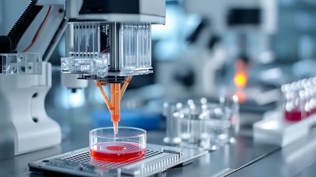 Organ bioprinting laboratory research scene, high-precision bioprinting process, minimal and sterile environment, scientific editorial photography style 