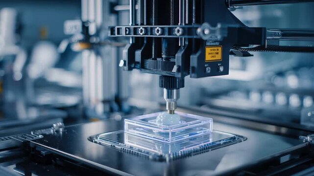 Organ bioprinting laboratory research scene, high-precision bioprinting process, minimal and sterile environment, scientific editorial photography style 