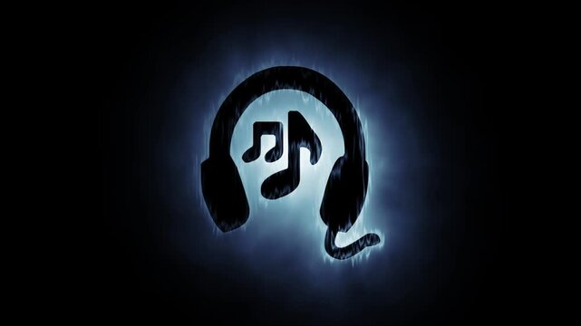 Glowing neon headphone icon with Musical note on black background. 4K Video motion graphic animation.