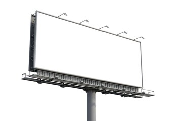 Obraz premium Large Outdoor Rectangular Billboard Structure with Empty White Display Area and Metal Frame Mounted on a Tall Pole Showing Warning Lights Against an Isolated White Background