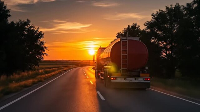 A large tanker truck is driving down a highway at sunset, transporting fuel to its destination.