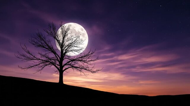 A breathtaking full moon dramatically illuminates the night sky, casting a striking silhouette of a bare, solitary tree positioned on a gentle hillside. The expansive celestial panorama features a bea