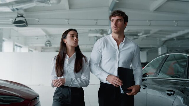 Two business colleagues talking walking in car salon confident sales managers businessman and businesswoman walk talk communicating together at parking lot automobile salon rent service auto store