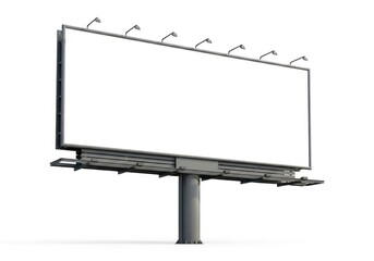 Obraz premium Large Rectangular Billboard Displaying Blank White Space for Advertising Placed on Sturdy Metal Pole Against a Seamless White Background in Daylight
