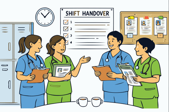 medical staff shift handover meeting in hospital environment
