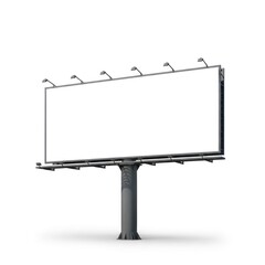 Fototapeta premium Large Rectangular Billboard Sign with Multiple Spotlights and a Sturdy Gray Pole Support Structure Isolated White Background