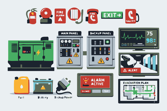 emergency systems and backup power with fire safety icons