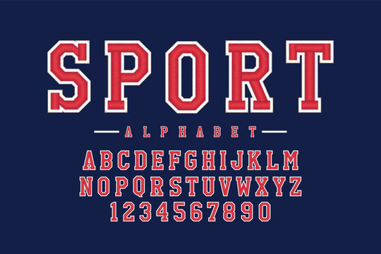 Sport classic college font. Vintage sport serif font in american style for football, soccer, baseball and basketball. Alphabet and numbers with outline in varsity style
