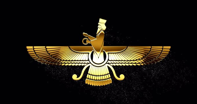 Faravahar, golden symbol of Zoroastrianism, winged Fravashi, ancient persian religion sign with glare and glittering falling particles, footage